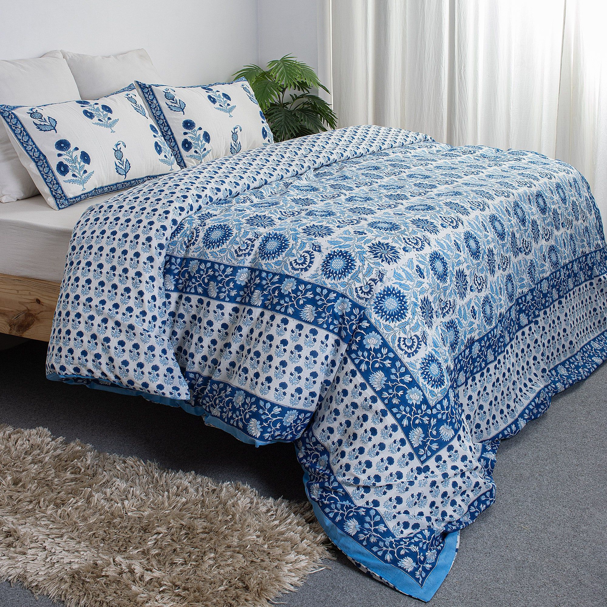 Block Print Soft Organic Cotton Blue Duvet Blanket Cover With Shams